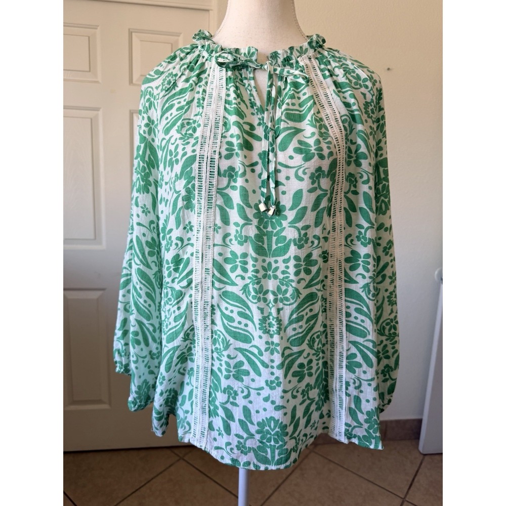 Hope & Harlow Womens L Green Floral Boho Peasant Top Tie Neck Spring Vacation - Picture 2 of 15